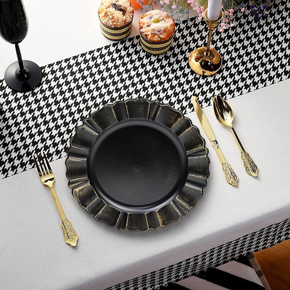 Antique Black Charger Plates with Gold Scalloped Rim, Set of 8
